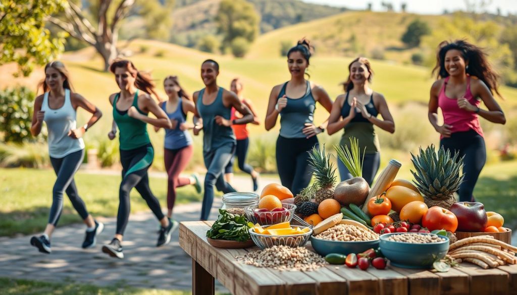 A balanced, visually appealing composition illustrating the synergy between nutrition and physical activity. In the foreground, a diverse group of individuals in professional athletic wear engage in various exercises, such as jogging and yoga, emphasizing active lifestyles. In the middle ground, an array of healthy food options—colorful fruits, vegetables, and whole grains—are artistically arranged on a wooden table, symbolizing nutritious choices. The background features a bright, sunny park scene with lush greenery and gentle hills, creating an inviting atmosphere. Soft, natural lighting casts a warm glow, highlighting the participants' determination and joy. The scene conveys a sense of motivation and health, ideal for a section exploring the relationship between diet and fitness.
