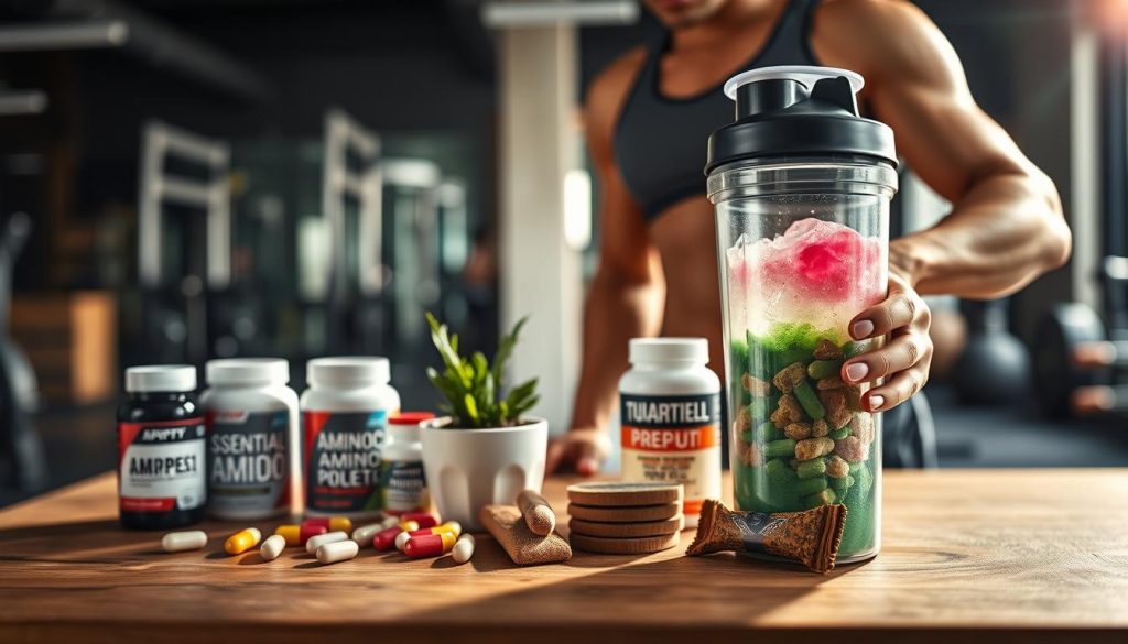 A beautifully arranged scene depicting the consumption of essential amino acids in a fitness setting. In the foreground, a well-defined athlete in professional workout attire is holding a shaker cup filled with a colorful amino acid blend, showcasing vibrant colors like pink and green. The middle ground features a wooden table with a variety of supplements: capsules, powder, and protein bars, artfully displayed around a small potted plant. In the background, soft ambient lighting creates a warm atmosphere, with blurred gym equipment hinting at an active environment. A slight lens flare adds a dynamic touch, and the composition uses a shallow depth of field to focus on the athlete and the supplements, evoking a motivational and health-driven mood, emphasizing the importance of timing and method in supplement intake.