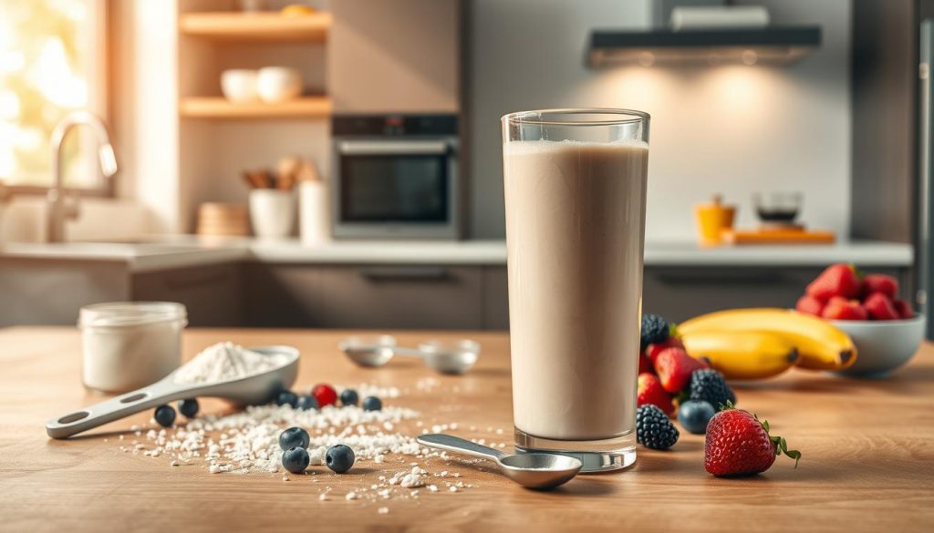 A clean and informative scene featuring a sleek glass of whey protein shake in the foreground, showcasing a smooth texture and rich color. Surrounding the glass, scattered ingredients like whey protein powder, a scoop, and fresh fruits such as berries and bananas, representing common additives. In the middle ground, a wooden table with a minimalist, professional vibe and measuring spoons for dosage context. The background features a modern kitchen with soft, natural lighting illuminating the scene, creating a warm and inviting atmosphere. The overall mood should convey health and fitness, focusing on the benefits of whey protein while emphasizing clarity and misconception reduction regarding its use in bodybuilding. The image should be simple and elegant, avoiding any clutter and distractions.