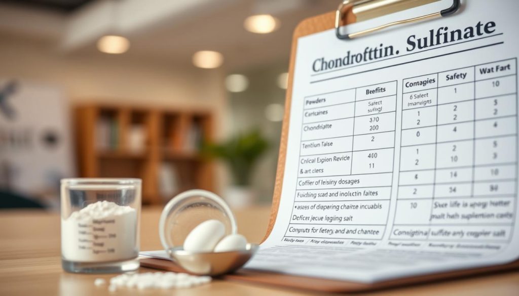 A close-up shot of a professional setting showcasing a detailed, labeled dosage chart for chondroitin sulfate, emphasizing recommended dosages for joint and ligament health. In the foreground, display a small glass vial filled with chondroitin sulfate powder beside a measuring spoon, capturing the texture of the powder. The middle ground features a clipboard with charts and notes on the benefits and safety of chondroitin sulfate, with clear, easy-to-read visuals. In the background, an out-of-focus view of a well-lit office space, conveying a sense of professionalism and trust. Soft, natural lighting creates a warm atmosphere, suggesting clarity and wellness. Use a shallow depth of field to focus on the key elements, providing an inviting and informative look at joint health supplementation.