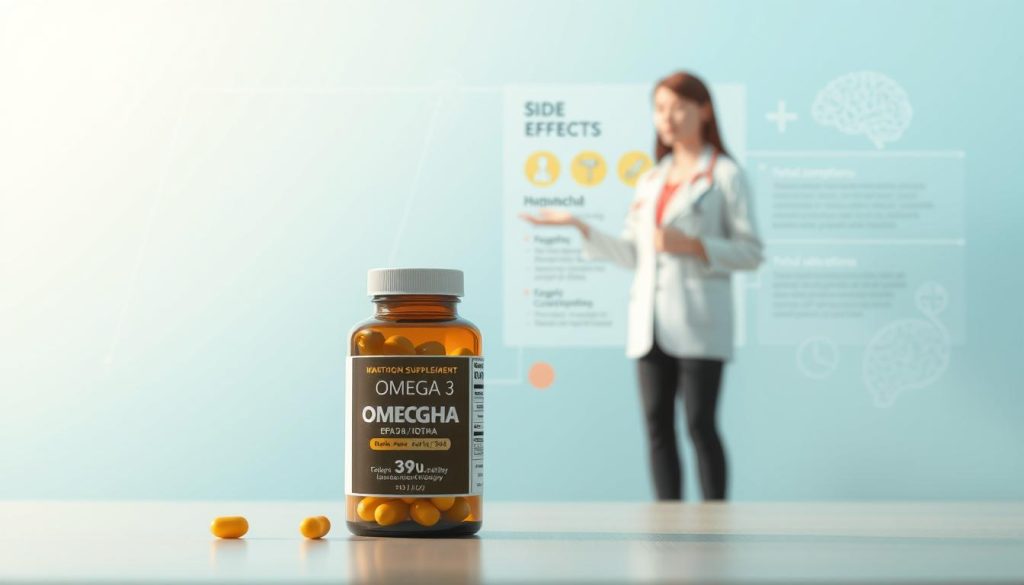 A detailed and educational illustration depicting warnings and side effects related to Omega 3 EPA/DHA supplements. In the foreground, a sleek, modern glass bottle with a label showing the supplement's dosage information, surrounded by small symptoms icons such as a headache or digestive discomfort. In the middle ground, a professional-looking person in a white lab coat, gesturing toward an infographic displaying potential side effects. The background features a calming, soft gradient of blues and greens suggesting health and wellness, with faint outlines of a heart and brain to symbolize total health. Soft, natural lighting creates an inviting atmosphere, while a slight depth of field focuses attention on the foreground elements.
