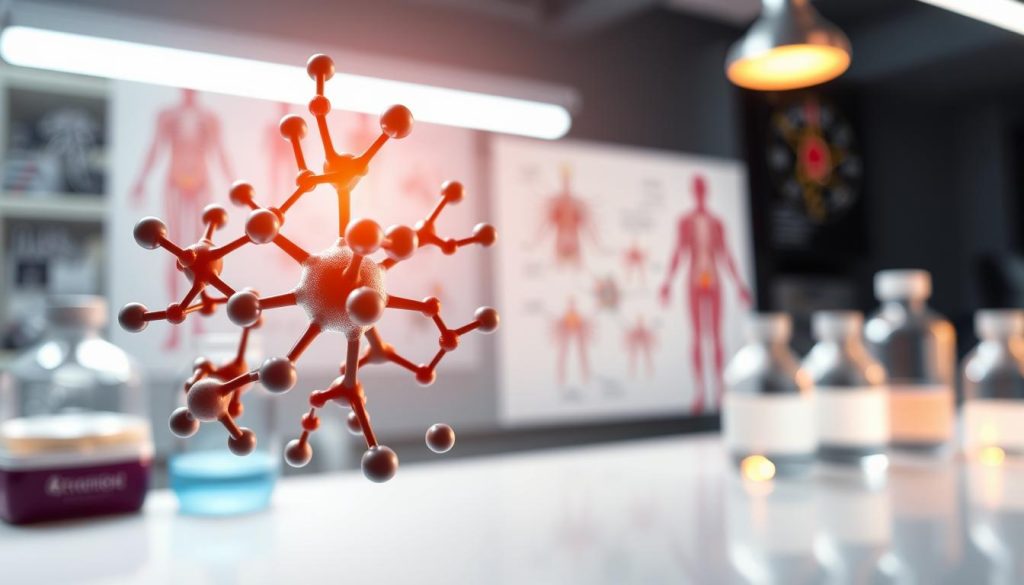 A detailed and intricate illustration of the action mechanism of yohimbine at the receptor level, set against a softly illuminated laboratory environment. In the foreground, depict a stylized molecular structure of yohimbine, intricately detailed with color-coded atoms, highlighting its interaction with specific receptors. In the middle background, include a representation of cell membranes with clearly defined receptors, showing the binding process in dynamic motion. The background features soft-focus lab equipment and anatomical diagrams showcasing nervous system pathways relevant to yohimbine's effects. Use dramatic yet soft lighting to enhance the scientific atmosphere, creating a mood of innovation and discovery. Capture this from a slightly elevated angle to emphasize the molecular interaction and its biological significance. No text or watermarks.
