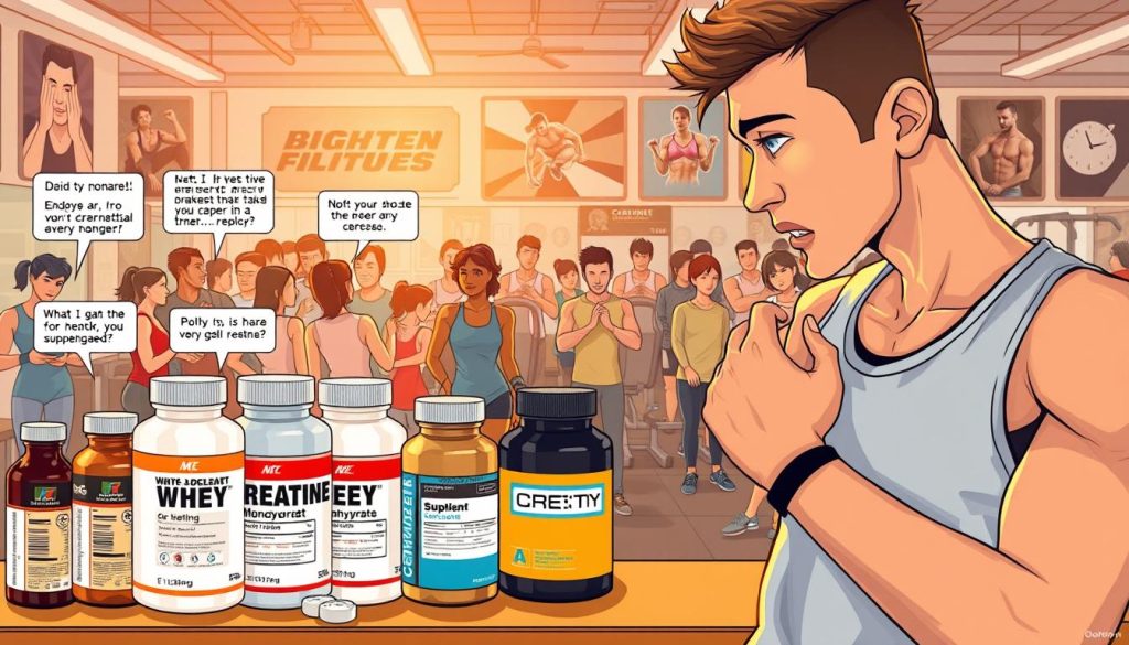 A detailed illustration depicting common mistakes in supplement intake, particularly focusing on creatine monohydrate. In the foreground, portray a fitness enthusiast in modest athletic wear, thoughtfully examining different supplement containers. In the middle ground, show a variety of common mistakes such as incorrect dosages, poorly labeled bottles, and a crowded gym setting with individuals in the background performing exercises, some visibly confused or inappropriately using equipment. The background should feature a bright, well-lit gym environment with motivational posters and fitness equipment. Use warm, inviting lighting to create an educational and engaging atmosphere, emphasizing the importance of informed supplementation in fitness. Aim for a dynamic composition with an encouraging yet informative mood.