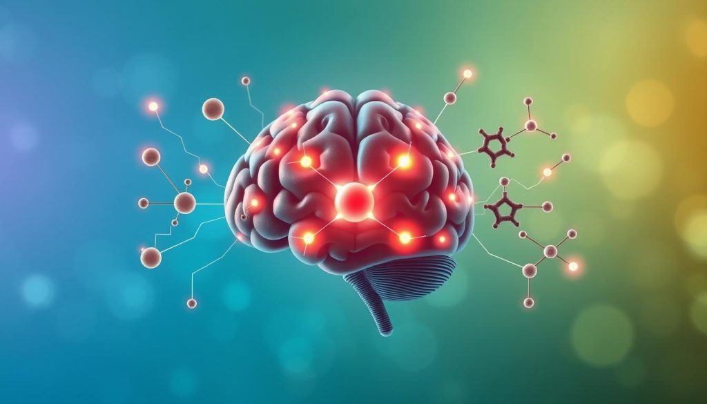 A detailed illustration of the mechanisms of action of nootropics, featuring a central, stylized brain in the foreground, interconnected with vibrant pathways representing neurotransmitter activity. In the middle ground, various nootropic compounds are depicted as molecular structures, arranged elegantly around the brain, emitting gentle glows to signify their enhancing effects. The background should be a soft gradient of blue and green, creating a calm and focused atmosphere, reminiscent of a scientific research environment. The lighting should be soft and diffused, with shadows adding depth, and a slight bokeh effect for a dreamy quality. Ensure a professional, educational vibe throughout the composition without any text or distractions.