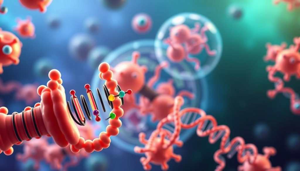 A detailed illustration of the protein synthesis and catabolism mechanisms, depicted in a vibrant and educational style. In the foreground, a stylized representation of ribosomes and mTOR complex, intricately highlighting the process of translation with colorful amino acids assembling into a protein chain. In the middle layer, cellular structures such as endoplasmic reticulum and mitochondria, subtly portrayed, showcasing their roles in metabolism and energy production. The background features a softly blurred image of a cell, with a gradient of blue and green to evoke a scientific atmosphere. Soft lighting enhances the clarity of the structures, giving a sense of depth. Overall, the image aims for an informative and optimistic mood, suitable for a scientific article.
