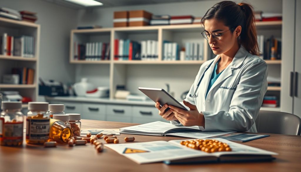 A detailed visualization of the contraindications and precautions of Conjugated Linoleic Acid (CLA), depicted in a scientific context. In the foreground, a professional table with various supplements and health-related literature on CLA, including a depiction of a caution symbol. In the middle ground, a healthcare professional, dressed in a lab coat, examining scientific data on a tablet, looking pensive as though considering the implications of CLA use. The background features a softly lit research lab with shelves containing health books and lab equipment. The scene conveys a serious yet educational atmosphere, with warm lighting to evoke thoughtful contemplation, captured from a slightly elevated angle to provide a comprehensive view of the workspace.