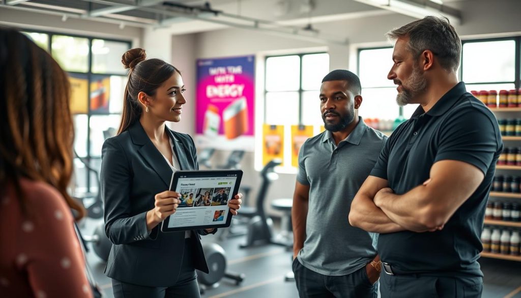 A dynamic indoor scene featuring a diverse group of individuals engaged in a discussion about energy supplements and workout enhancements. In the foreground, a woman in professional business attire is presenting a tablet displaying product reviews and offers, while a man in a fitted polo shirt listens attentively. The middle ground showcases a modern gym with fitness equipment and vibrant posters promoting energy supplements. Soft, natural lighting streams through large windows, creating an inviting atmosphere. The background features shelves stocked with supplement products, with subtle blur for depth. The mood is focused, informative, and energetic, ideal for promoting wellness and fitness discussions.