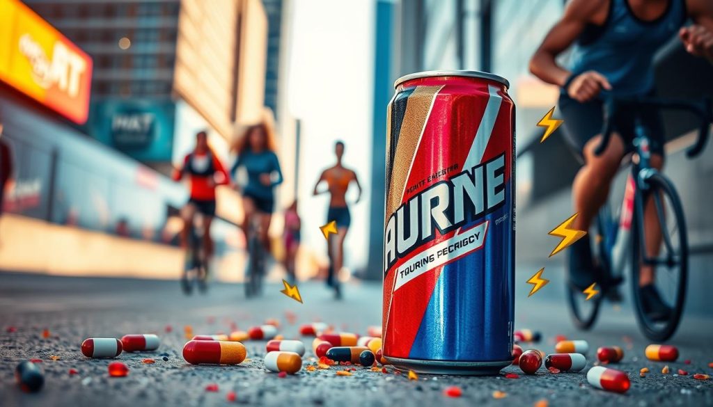 A dynamic portray of a close-up scene featuring a can of energy drink prominently in the foreground, showcasing vibrant colors and dynamic design elements that hint at taurine's powerful effects. Surrounding the can, scatter energy-related symbols like lightning bolts and stylized supplements, hinting at vitality and endurance. In the middle ground, a blurred backdrop of a busy urban environment conveys energy and liveliness, with people engaged in physical activities like jogging or cycling, dressed in professional athletic gear. Use warm, bright lighting to evoke a sense of energy and motivation. Capture the scene with a slight tilt angle to add excitement, ensuring a captivating atmosphere that highlights the impact of taurine in energy drinks.