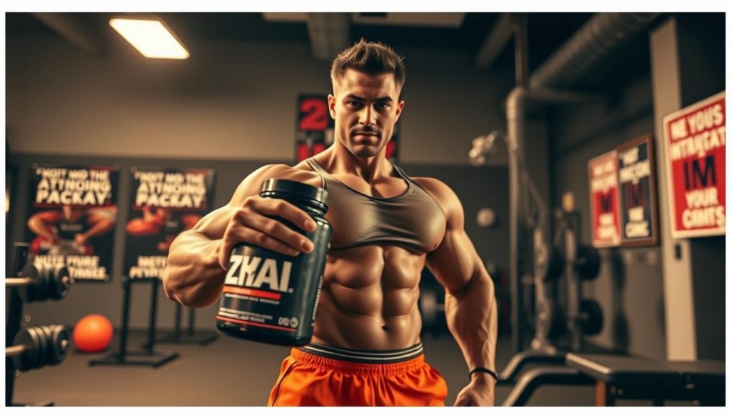 A dynamic scene featuring a professional bodybuilder demonstrating strength and vitality while holding a container labeled "ZMA" in a gym setting. In the foreground, the athlete, dressed in a fitted athletic shirt and shorts, exudes confidence and focus, showcasing defined muscles and a healthy physique. The middle ground includes gym equipment like weights and a bench, enhancing the fitness atmosphere. The background features motivational posters and a well-organized space. Soft, warm lighting highlights the subject's features and creates an energetic vibe. The angle captures the bodybuilder from a slightly low viewpoint, emphasizing strength and determination, all while maintaining a professional and inspiring mood tailored for athletes and fitness enthusiasts.