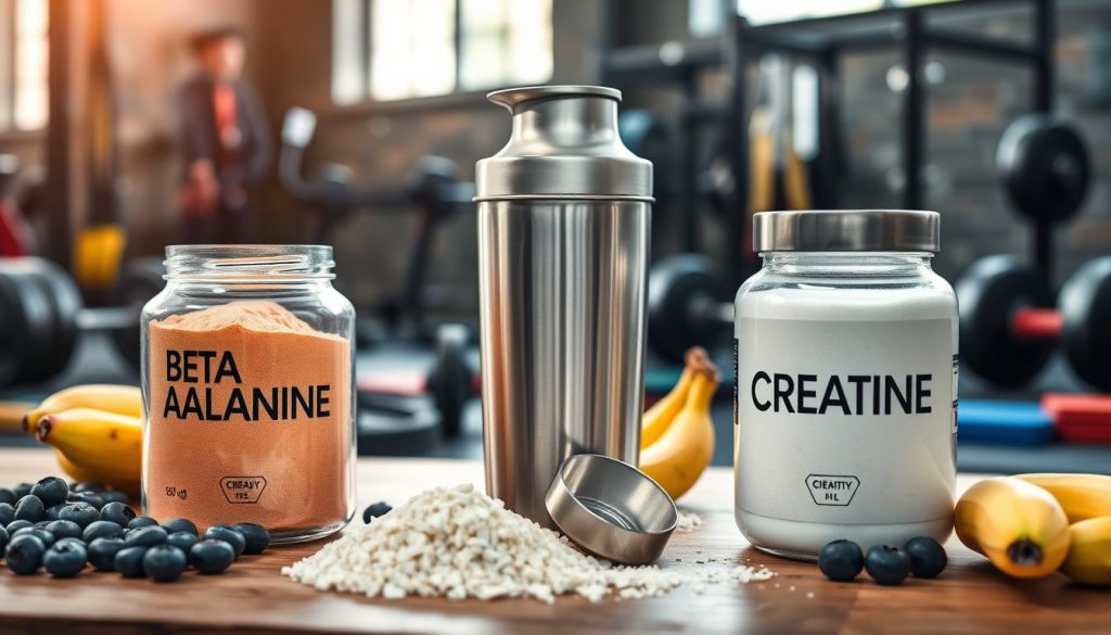 A dynamic still-life scene showcasing a well-organized layout of beta-alanine and creatine supplements. In the foreground, two sleek, clear glass jars displaying the colorful powders: one labeled beta-alanine in a vibrant peach hue, and the other for creatine in a striking white. In the middle ground, a high-quality stainless steel shaker bottle with a measuring scoop rests on a wooden table, reflecting soft light. Surrounding the jars are fresh fruits like blueberries and bananas, symbolizing health and energy. The background features a blurred gym environment with weights and exercise mats, creating an energetic and focused atmosphere. Natural light filters in from a nearby window, casting subtle shadows and enhancing the vibrancy of the colors.