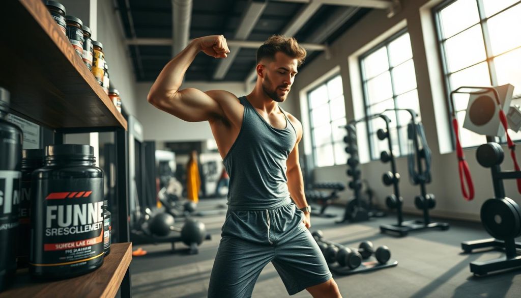 A fit athlete in modest, athletic wear, energetically preparing for a workout in a bright, modern gym setting. The foreground features a dynamic pose showcasing strength and focus, with pre-workout supplements like caffeine, citrulline, and beta-alanine clearly visible on a nearby shelf. The middle of the scene highlights a variety of training equipment, such as weights and resistance bands, emphasizing a high-energy atmosphere. In the background, large windows let in natural light, illuminating the environment and enhancing the feeling of motivation and vitality. The overall mood is vibrant and inspiring, showcasing the transformative benefits of pre-workout supplements on athletic performance. The image is captured with a low-angle perspective, adding a sense of determination and empowerment.