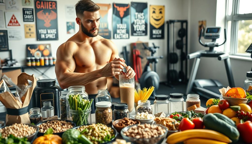 A fitness enthusiasts’ workspace filled with equipment and healthy foods, illustrating the synergy of gainer supplements, workout routines, and balanced diets. In the foreground, a well-defined individual in modest athletic wear is mixing a gainer shake, holding a measuring scoop. The middle ground features a table laden with healthy foods such as whole grains, fruits, and vegetables, along with supplements in organized containers. In the background, a home gym setup with weights, a treadmill, and motivational posters exudes an atmosphere of dedication and focus. Soft, natural lighting streams in through a nearby window, highlighting the vibrant colors of the food and the determination in the individual's expression. The scene conveys a sense of balance, energy, and wellness.