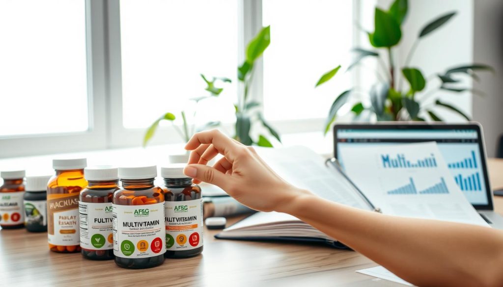 A modern workspace featuring a well-organized desk with various dietary supplement bottles labeled with professional certifications. In the foreground, a hand is gently picking up a multivitamin bottle, emphasizing the selection process. The middle ground includes an open binder with academic research papers on nutrition and health, along with a laptop displaying graphs on supplement efficacy. In the background, a large window lets in natural light, illuminating a serene plant corner, creating a calm and professional atmosphere. The overall mood is focused and educational, illustrating the importance of quality and safety in supplement selection. Use soft, diffused lighting to enhance clarity without harsh shadows, capturing a warm, inviting ambiance.
