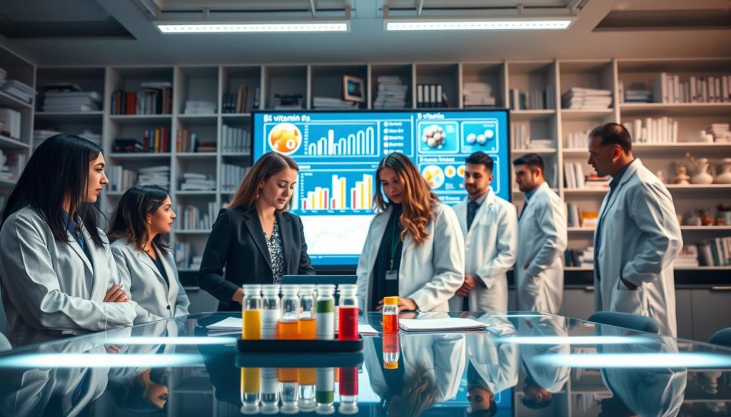 A professional laboratory setting focusing on B-vitamin clinical studies. In the foreground, a diverse group of researchers in business attire (white lab coats over casual clothing) is analyzing vials and charts on a sleek glass table. The middle ground features a large digital screen displaying data graphs and images related to B-vitamins, illuminated by soft, focused lighting. In the background, shelves filled with scientific books and vitamin models, creating a detailed, academic ambiance. The atmosphere is serious and inspiring, emphasizing collaboration and scientific discovery. The lighting should be bright but diffuse, creating a clean environment, with a slight depth of field effect to focus on the researchers and their work.