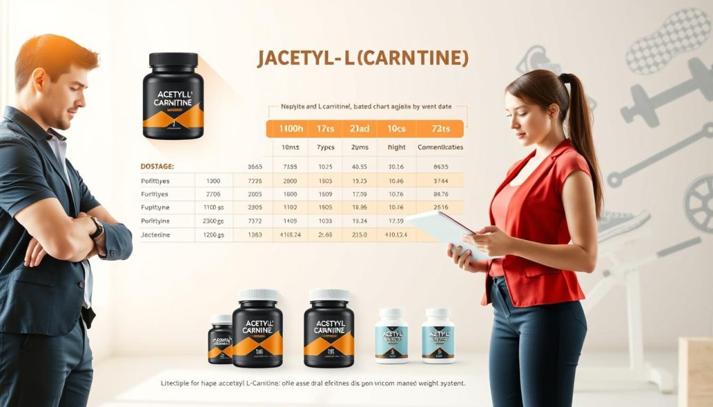 A professional, visually appealing infographic illustrating the concept of recommended dosages of Acetyl L-carnitine based on weight and gender. The foreground should feature two figures—a male and a female—dressed in smart casual attire, representing diverse body types and fitness levels. They are engaged in a discussion, referencing charts and data on a digital tablet. In the middle ground, a stylized dosage chart and images of Acetyl L-carnitine supplements can be seen, showcasing different dosages for various weight categories. The background should include a soft gradient with fitness-related imagery, like running shoes and weights, providing an energetic atmosphere. The lighting is bright and inviting, emphasizing the informative nature of the topic, captured with a slight upward angle to highlight the dynamic interaction.