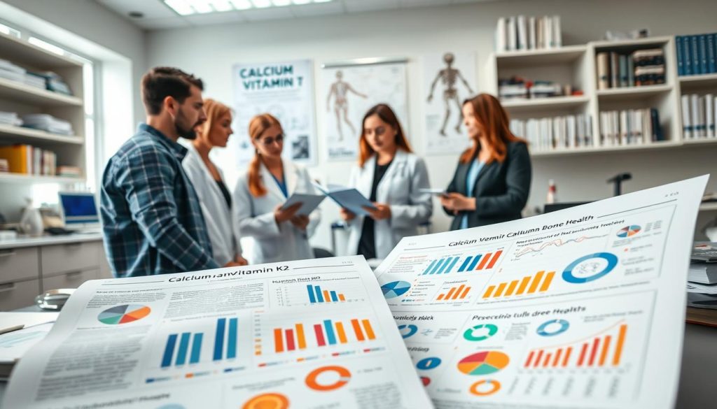 A scientific workspace featuring an organized desk with open research articles and graphs related to calcium and vitamin K2. In the foreground, include a close-up view of a well-researched, printed study on human bone health, surrounded by various colorful charts and molecular diagrams. In the middle ground, depict a diverse group of researchers in professional attire, examining data together, engaged in collaborative discussion. The background should feature a bright laboratory setting with shelves filled with scientific books, and a poster on the wall illustrating the benefits of calcium and vitamin K2 for bone strength. Use soft, natural lighting to create a focused and productive atmosphere, with a slight lens blur on the background to emphasize the researchers' work.