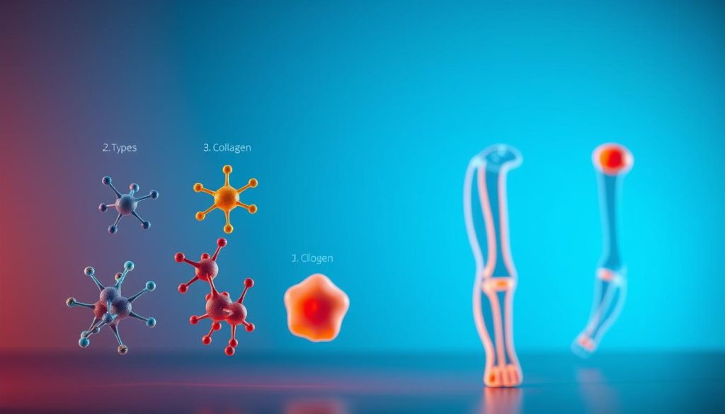 A scientifically illustrated comparison of various types of collagen, prominently featuring Type II hydrolyzed collagen for joint recovery. In the foreground, display colorful, labeled diagrams of collagen molecules, emphasizing their structural differences. The middle ground includes realistic illustrations of knee and shoulder joints, depicting how collagen benefits joint health. The background features a subtle gradient that shifts from cool blue to warm orange, symbolizing healing and vitality. Soft ambient lighting accentuates the details, creating a clear focus on the molecular structures. The perspective should be slightly elevated to provide an informative view, evoking a sense of professionalism and curiosity. The overall mood is educational and insightful, inviting readers to explore the different types of collagen and their benefits without any distracting text or elements.