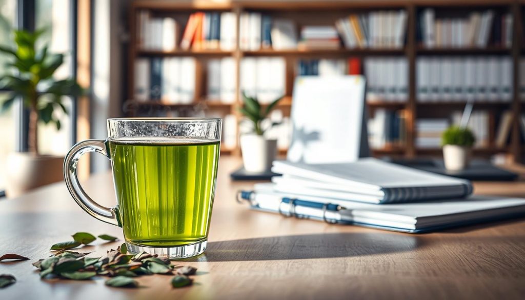 A scientifically-inspired composition depicting the synergy of L-theanine and caffeine for enhanced focus. In the foreground, a clear glass cup filled with steaming green tea and scattered fresh tea leaves nearby. The middle layer features a sleek, modern workspace equipped with notebooks, a laptop, and a small potted plant, suggesting a study or office environment. In the background, blurred shelves of scientific books and research papers create an intellectual atmosphere. Soft, natural lighting cascades from a nearby window, casting gentle shadows. The mood conveys clarity, concentration, and productivity, embodying the essence of scientific evidence and recommendations for these compounds without the inclusion of any text or distractions.