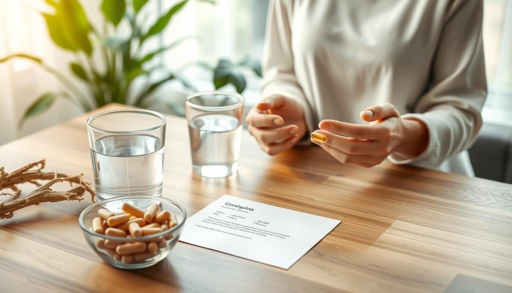 A serene and informative scene depicting the recommended usage and dosage of ginseng supplements. In the foreground, a modern wooden table displays a small bowl of ginseng roots, a transparent glass of water, and dosage instructions on a neatly arranged sheet of paper. In the middle, a pair of hands holding a ginseng capsule, emphasizing its natural benefits. The background features soft greenery and gentle, natural light flooding through a nearby window, creating a warm atmosphere. The image highlights a tranquil, health-conscious vibe, with no distractions or clutter, focusing solely on the importance of proper ginseng dosage in a calm and inviting space. The composition is photographed from a slightly elevated angle to capture all elements harmoniously.
