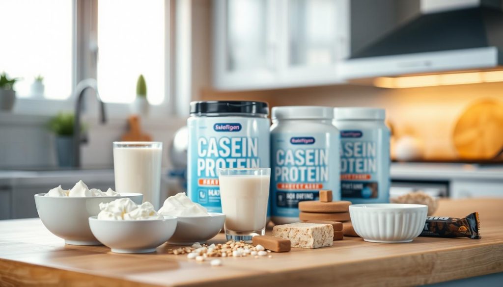 A serene and inviting kitchen setting as the foreground, showcasing a selection of natural sources of casein protein, such as a bowl of cottage cheese, a glass of milk, and yogurt, elegantly arranged on a wooden countertop. In the middle ground, display high-quality casein protein supplements in sleek, modern packaging, with a few protein bars beside them. The background should softly blur, featuring a warm, sunlit window that casts gentle light across the scene, enhancing the natural tones of the dairy products and supplements. Capture this composition with a warm color palette, conveying a sense of vitality and well-being, inviting viewers to explore the benefits of casein protein sources for muscle recovery and growth.