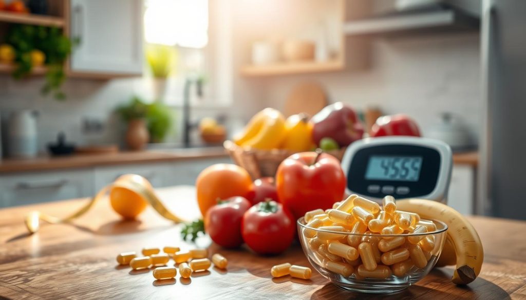 A serene kitchen setting with a wooden table in the foreground, featuring a bowl filled with glistening glucomannan capsules and a variety of colorful fruits and vegetables, symbolizing a healthy diet. In the middle ground, a measuring tape and a digital scale highlight the theme of weight loss, conveying the connection between glucomannan and caloric deficit. In the background, sunlight filters through a window, casting a warm, inviting glow, creating a calm and motivational atmosphere. A subtle focus on the vibrance of the fruits, with a shallow depth of field to emphasize the foreground elements. The overall mood is optimistic and uplifting, encouraging viewers to consider healthy lifestyle choices.