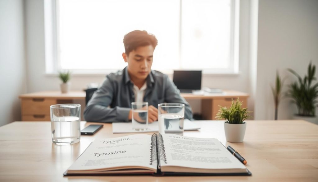 A serene workspace featuring a focused individual of Asian descent sitting at a modern desk, deeply engaged in concentration. The foreground includes an open notebook with notes on “tyrosine” and “stress management,” alongside a glass of water and a small potted plant. In the middle, soft natural light filters through a large window, casting gentle shadows on the desk. The background displays a peaceful office environment, with calming colors and minimalistic decor that emphasize tranquility. The atmosphere is one of calm determination and clarity, evoking a sense of stress management and mental focus. The overall composition shows a professional demeanor, suggesting an effective approach to enhancing focus during training, without any distractions or clutter.