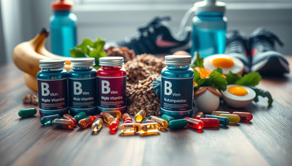 A sophisticated arrangement of B-complex vitamins displayed artistically on a wooden table. In the foreground, vibrant capsules in various colors, labeled with their respective B-vitamin names, sparkle under soft, natural light. The middle ground features fresh foods rich in B vitamins, such as bananas, whole grains, leafy greens, and egg yolks, arranged harmoniously to emphasize their nutritional value. In the background, soft-focus elements of an athlete's gear, like a water bottle and running shoes, hint at an active lifestyle. The image is captured with a shallow depth of field, enhancing clarity on the vitamins while maintaining a blurred backdrop. The atmosphere is energetic and healthy, conveying the theme of vitality and metabolism enhancement.