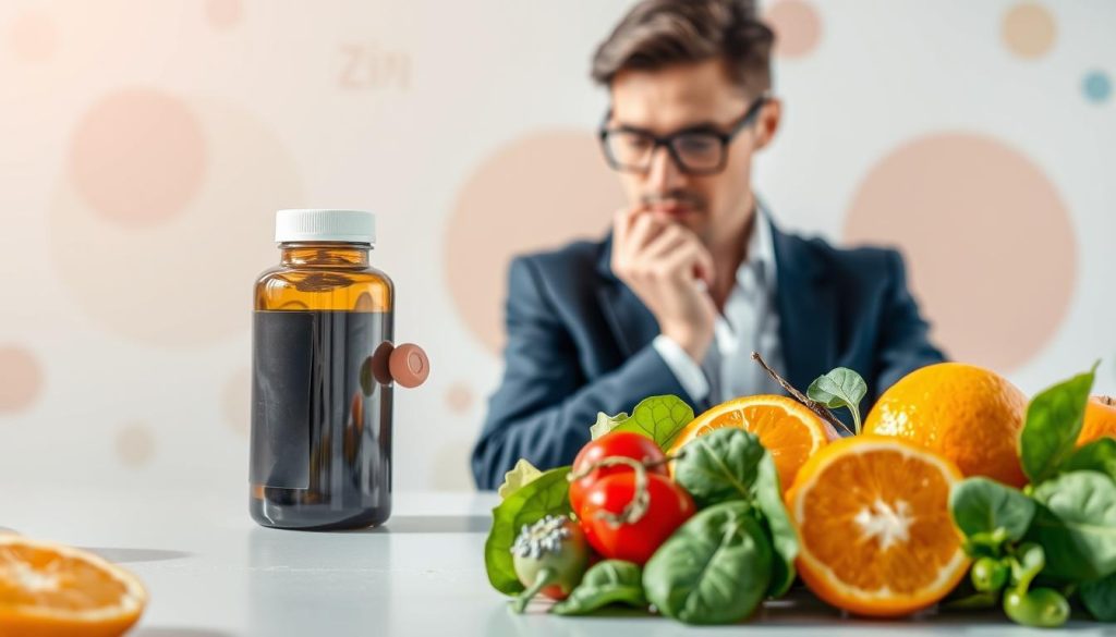 A split-image composition showcasing the myths surrounding zinc and selenium supplementation. In the foreground, a series of colorful, vibrant fruits and vegetables like oranges and spinach symbolize natural sources of zinc and selenium, arranged artistically with a focus on their textures. In the middle ground, an elegant scientist in professional attire examines a zinc selenium supplement bottle, with a thoughtful expression, surrounded by lab equipment that subtly represents careful analysis. The background fades into a calming, abstract design featuring zinc and selenium symbols, enhancing the theme of debunking myths. The lighting is bright and natural, creating an atmosphere of clarity and trust. Capture the scene from a slightly elevated angle to emphasize the subjects in a dynamic yet informative way.