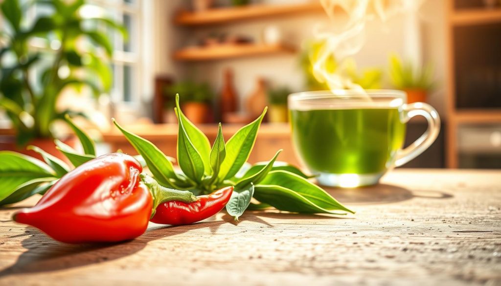 A vibrant and engaging composition showcasing natural thermogenic ingredients like chili peppers and green tea leaves, arranged artistically on a textured wooden surface. In the foreground, a bright red chili pepper gleams, with dew drops enhancing its freshness. Beside it, delicate green tea leaves curl slightly, emphasizing their natural allure. In the middle ground, a softly blurred cup of green tea releases steam, inviting warmth and wellness. The background features a warm, sunlit kitchen setting, filled with greenery, hinting at a healthy lifestyle. The lighting is soft and natural, casting gentle shadows and creating a cozy atmosphere that conveys vitality and well-being. Capture the essence of natural ingredients promoting health benefits and thermogenic properties.