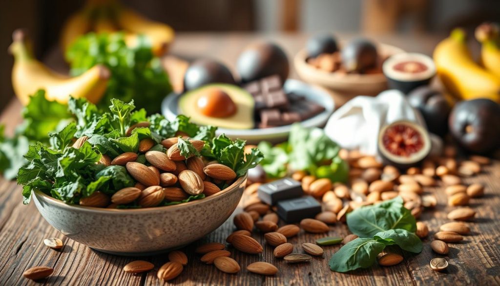 A vibrant arrangement of magnesium-rich foods displayed on a rustic wooden table. In the foreground, a bowl filled with dark leafy greens like spinach and kale, surrounded by scattered almonds and pumpkin seeds. In the middle, a plate of ripe avocados and a few pieces of dark chocolate, highlighting their rich texture and color. In the background, soft-focus images of fruits such as bananas and figs, adding a fresh touch. Warm, natural lighting cascades over the scene from an unseen window, creating inviting shadows. The atmosphere is wholesome and nourishing, conveying a focus on health and wellness. The angle is slightly above eye level, giving a clear view of the diverse array of foods, showcasing their textures and colors without text or distractions.