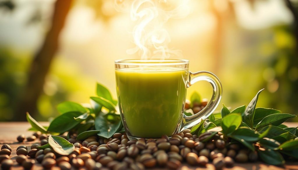 A vibrant composition showcasing the synergistic effects of green coffee extract and caffeine. In the foreground, place a clear glass cup filled with a steaming, green-hued beverage, surrounded by fresh green coffee beans and delicate leaves. In the middle, incorporate a dynamic swirl of energy emanating from the cup, visually representing thermogenesis and vitality. The background should feature a soft focus of lush green landscapes, evoking a sense of natural health and energy. Use bright, warm lighting to create an inviting atmosphere, with a shallow depth of field to draw attention to the cup while keeping the background serene and harmonious. The overall mood should be uplifting and energizing, emphasizing wellness benefits.