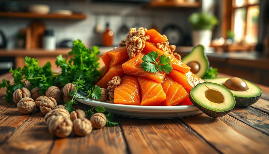 A vibrant display of omega-3 food sources on a rustic wooden table, centrally featuring a bowl of fresh walnuts and a plate piled high with colorful salmon fillets. Surrounding them are sprigs of parsley and slices of avocado, adding a fresh green contrast. In the background, a softly blurred kitchen setting with warm light filtering through a window, casting gentle shadows that create a cozy atmosphere. The scene is focused on the textures of the foods: the shiny fish skin, the rough walnut shells, and the creamy avocado flesh. The image is captured from a slightly elevated angle to emphasize the arrangement while maintaining an inviting and healthy mood.
