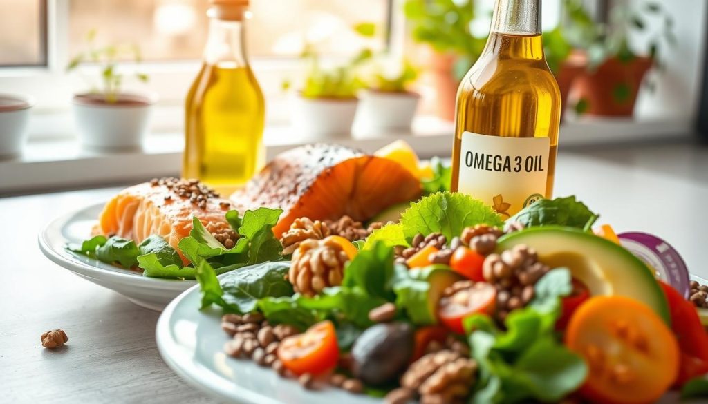 A vibrant, healthy plate featuring omega-3-rich foods, prominently displaying salmon fillets, an array of walnuts, and juicy flaxseeds. In the foreground, a close-up of a vibrant salad with leafy greens, avocado slices, and colorful bell peppers adds freshness. The middle ground showcases a glass bottle of omega-3 oil, elegantly labeled, glistening under soft natural light. The background features a bright kitchen setting, with potted herbs on the windowsill, enhancing the healthy, fresh atmosphere. Use warm, inviting lighting that highlights the food's textures and colors, creating a wholesome and energizing mood. The image captures the essence of health benefits from omega-3 in a visually appealing way, perfect for conveying dietary importance.