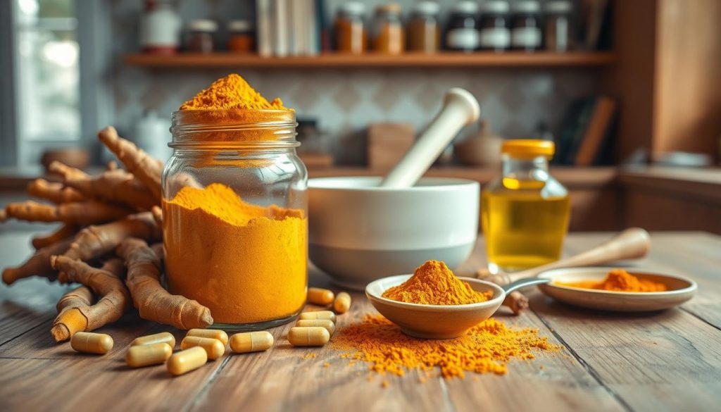 A vibrant kitchen scene featuring a wooden table adorned with various turmeric-based products and ingredients. In the foreground, a glass jar filled with golden turmeric powder sits next to fresh turmeric roots, alongside capsules and a small bowl of turmeric-infused oil. In the middle, a mortar and pestle, suggesting the process of making turmeric paste, along with a spoon sprinkled with turmeric powder, enhances the arrangement. In the background, a softly lit kitchen shelf displays cookbooks and jars of spices, creating a warm, inviting atmosphere. The lighting is natural and bright, streaming through a window, emphasizing the golden hues of the turmeric. The mood conveys wellness and practicality, perfect for encouraging the use of turmeric in everyday health routines.