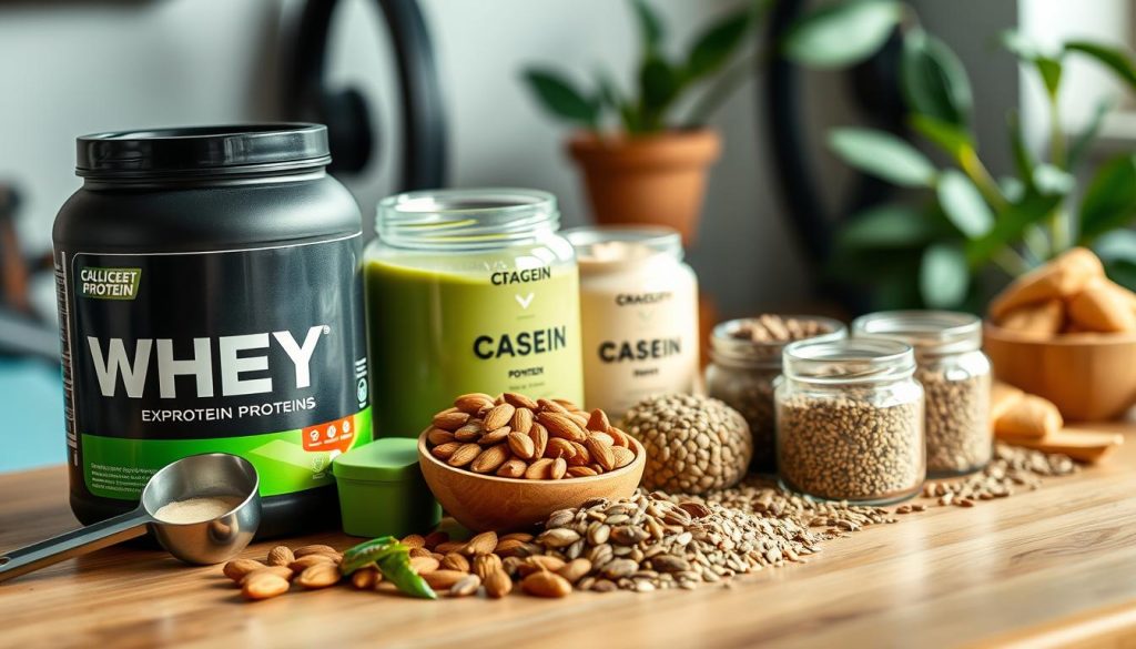 A vibrant tabletop scene showcasing a variety of protein supplements, featuring whey protein, casein, and plant-based alternatives. In the foreground, there are sleek, modern containers of whey and casein with a measuring scoop, alongside vibrant green and brown plant-based protein powders in aesthetically pleasing jars. The middle ground highlights a selection of fresh ingredients like almonds, peas, and hemp seeds, elegantly arranged to suggest their use as protein sources. The background is softly blurred, with a hint of greenery or fitness equipment to convey a health-focused environment. Soft, natural lighting enhances the colors and textures, creating a warm and inviting atmosphere. The overall mood is energetic and health-conscious, perfect for showcasing nutritional options.