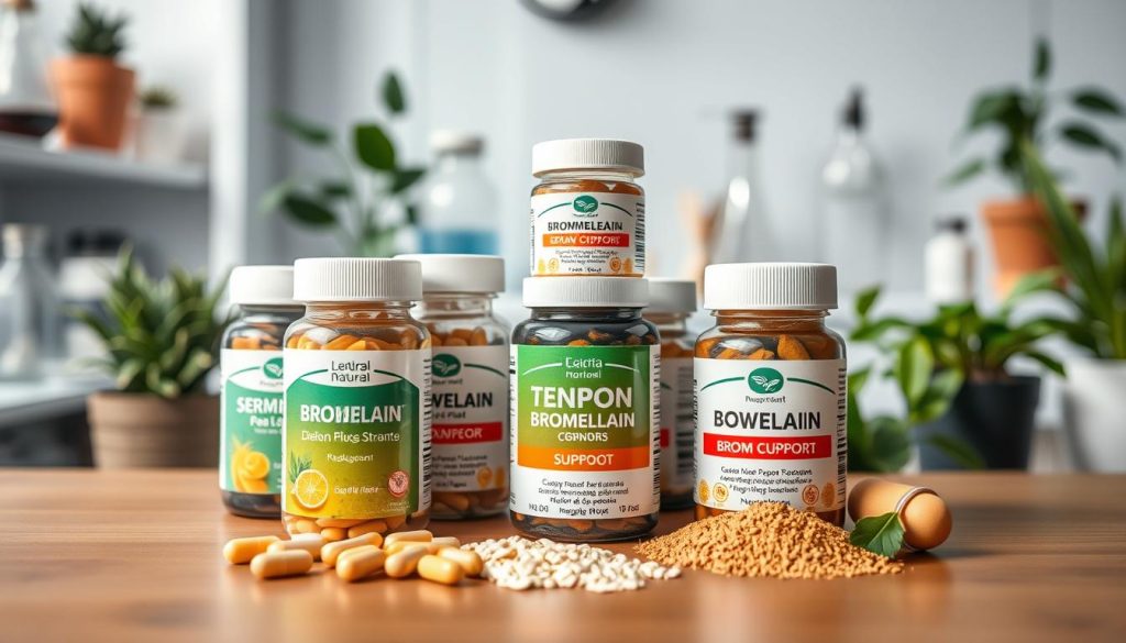 A visually appealing stacked arrangement of dietary supplements for tendon support, prominently featuring capsules and powder forms of bromelain and boswellia, placed on a sleek wooden surface. In the foreground, showcase high-quality, vibrant product packaging with clear labels, emphasizing their natural ingredients. The middle ground should include a slightly blurred scientific backdrop, like a laboratory or wellness space, adorned with plants to evoke health and vitality. Soft, diffused lighting creates an inviting atmosphere, highlighting the textures of the supplements. Use a slight top-down angle for a dynamic view that draws the eye. The overall mood should convey a sense of holistic wellness and professional efficacy, catering to an audience interested in integrative health solutions.