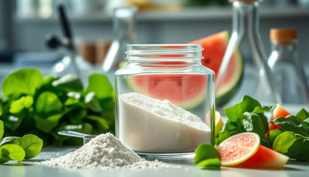 A visually captivating composition focusing on the high-quality ingredients of citrulline malate. In the foreground, prominently feature a detailed close-up of citrulline malate powder in a crystal-clear jar, revealing its fine texture and a subtle shimmer. Surround the jar with fresh, vibrant green ingredients like spinach and watermelon slices, which are natural sources of citrulline. In the middle ground, include a sleek measuring scoop for context, along with a few scientific elements like a beaker and a notepad with handwritten notes about ingredient quality. The background should be softly blurred laboratory or kitchen elements, illuminated by natural light to create a clean, fresh atmosphere. The scene should evoke a sense of purity, health, and a commitment to quality in supplementation.