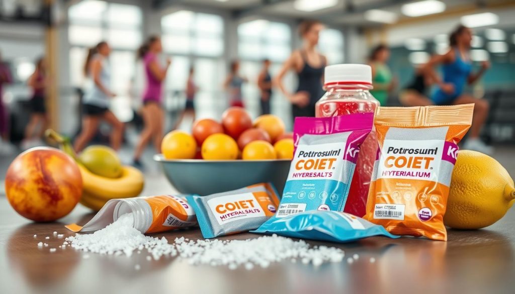 A visually engaging composition illustrating common misconceptions about mineral salts for hydration. In the foreground, display an assortment of mineral salt packs (potassium and sodium) with vibrant colors and clear labels, some open and spilling fine crystals. The middle ground features a sports bottle and a bowl of fresh fruits, symbolizing hydration and natural sources of minerals. In the background, a blurred gym environment with athletes engaged in various sports, capturing a sense of activity and energy. Soft, natural lighting enhances the scene, creating an inviting atmosphere. The focus should be sharp on the salts and sports drink, with a slight bokeh effect on the background to emphasize the educational theme.