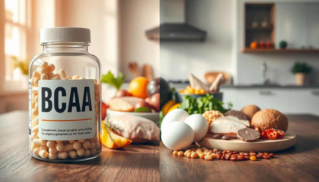 A visually engaging split scene illustrating the differences between BCAA supplements and food sources. In the foreground, a clear, modern supplement container labeled "BCAA" sits alongside a variety of fresh food sources like chicken breast, eggs, and legumes. In the middle, vibrant, healthy foods are artistically arranged on an elegant wooden table, showcasing their natural textures. In the background, a softly lit kitchen with a minimalist design conveys an atmosphere of health and wellness. Warm, natural lighting enhances the colors and textures of both the supplements and foods, creating a contrast between synthetic and natural sources. Capture the essence of nutrition and fitness, suggesting a scientific approach to muscle growth, while maintaining a professional and inviting mood.