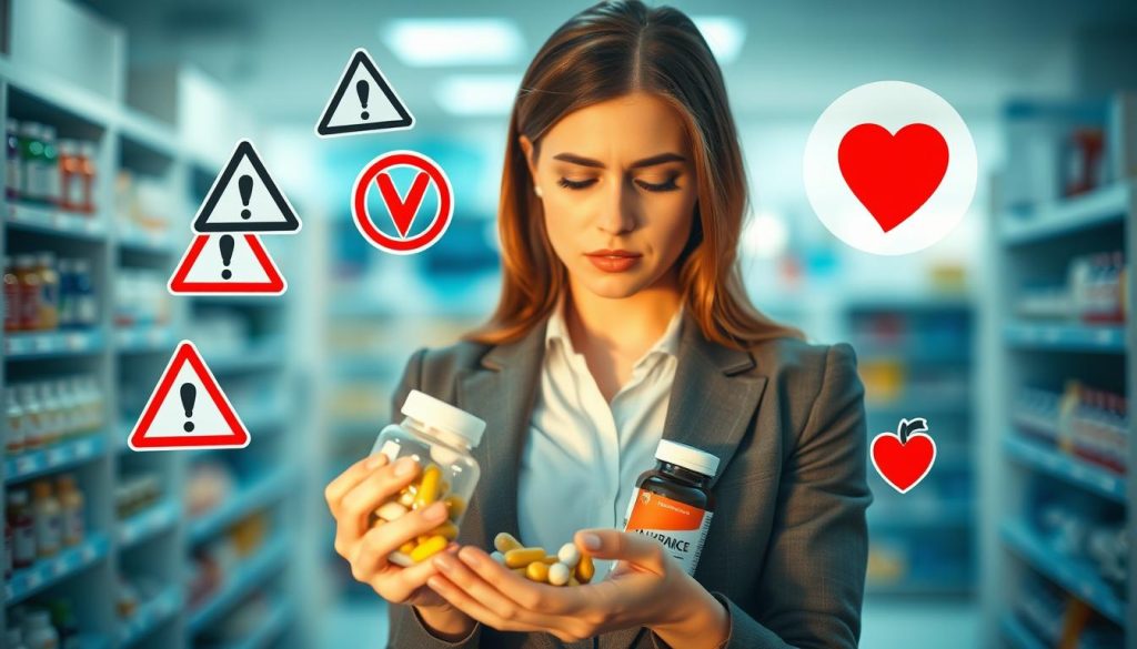 A visually informative composition focusing on the contraindications of fat-burning supplements. In the foreground, a professional woman dressed in business attire examines a bottle of supplements, with a thoughtful and concerned expression. In the middle ground, various icons representing health risks, such as warning signs and an unhealthy heart, are arranged around her. The background features a blurred pharmacy or health store setting, emphasizing a clinical atmosphere. Soft, natural lighting casts a warm glow, enhancing the serious mood of the scene. The angle is slightly tilted, as if capturing the moment of realization about the potential dangers. Overall, the image should evoke a sense of caution and the importance of safety in supplement use.