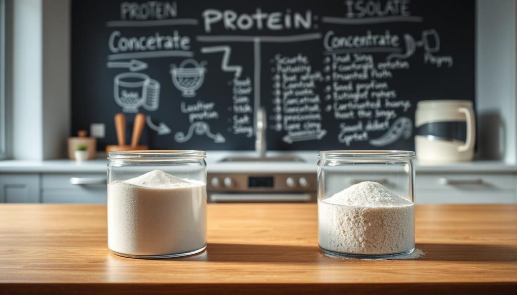 A visually striking comparison image illustrating the differences between protein isolate and concentrate. In the foreground, two distinct containers filled with fine powder: one labeled "Isolate" with a smooth texture, and the other labeled "Concentrate" showcasing a coarser consistency, both on a sleek wooden table. In the middle ground, a clean, modern kitchen setting with soft, diffused natural lighting emphasizing the powders. In the background, a chalkboard wall with simple, hand-drawn diagrams highlighting the nutritional content and benefits of each type of protein powder. The angle is slightly from above to capture the containers and the chalkboard, creating an informative yet inviting atmosphere, perfect for an educational article.