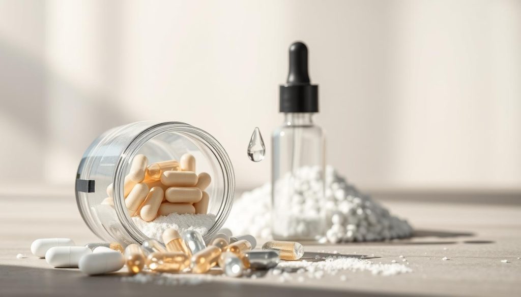 A visually striking comparison of three different forms of oral hyaluronic acid: capsules, powder, and a droplet. In the foreground, display a clear glass container filled with soft, shimmering powder next to an open bottle of capsules; some capsules should be scattered around the base. In the middle ground, include a small, elegantly designed dropper bottle, with a drop of liquid hanging at the tip, symbolizing a liquid form of delivery. The background should be softly blurred, featuring neutral tones that enhance focus on the products while creating a clean and professional atmosphere. Natural lighting should illuminate the scene, casting gentle shadows and highlighting the textures of the products. Aim for a serene and informative mood that invites viewers to learn more about these delivery methods.