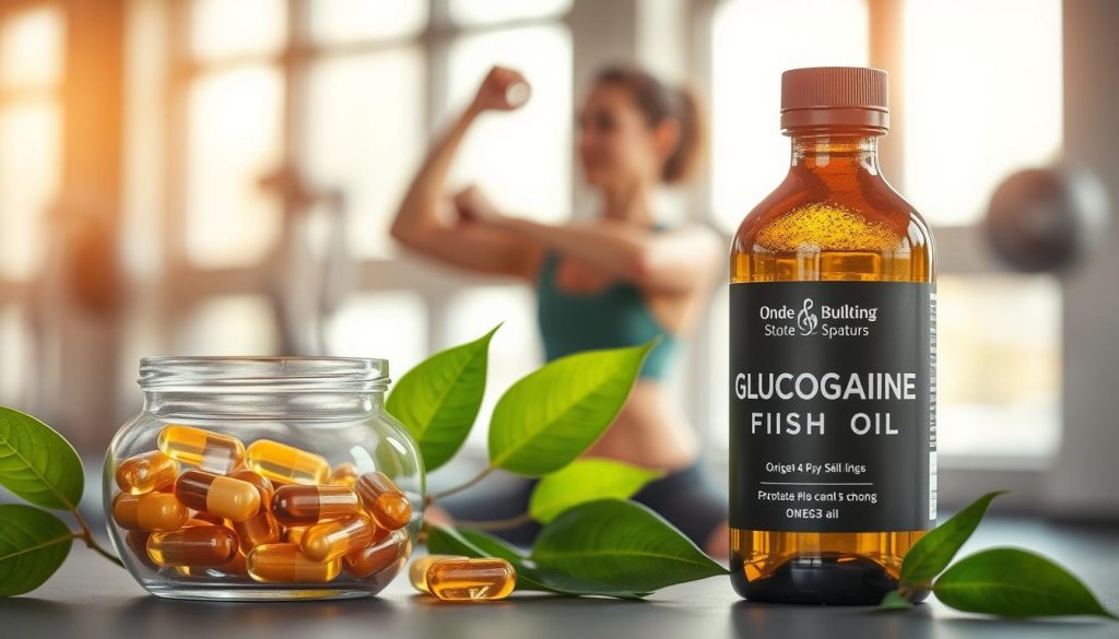 A visually striking composition depicting glucosamine and omega-3 supplements integrated into the recovery process from injuries. In the foreground, a clear glass container filled with glucosamine capsules and a bottle of omega-3 fish oil, surrounded by vibrant green leaves symbolizing health. In the middle ground, an athlete in professional workout attire, demonstrating a gentle stretching exercise, exuding a sense of rejuvenation and strength. The background features a softly blurred gym setting, illuminated by warm, natural light to create a calm and hopeful atmosphere. The image conveys a sense of wellness and recovery, with a focus on the holistic benefits of these supplements in a post-injury context.