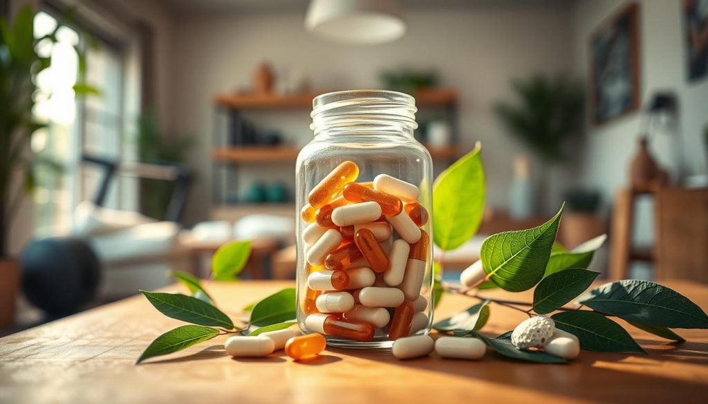 A visually striking composition showcasing glucosamine and chondroitin supplements. In the foreground, a clear glass jar filled with glucosamine capsules and chondroitin tablets is centered, surrounded by green leaves representing health and wellness. In the middle ground, a wooden table enhances the natural feel, and soft sunlight filters through a nearby window, casting a gentle glow on the jar. The background is blurred, featuring a cozy home environment with a hint of exercise equipment, suggesting an active lifestyle. The overall mood is uplifting and health-focused, with a warm color palette emphasizing vitality and joint care. The image captures the essence of nutritional synergy between these two supplements.