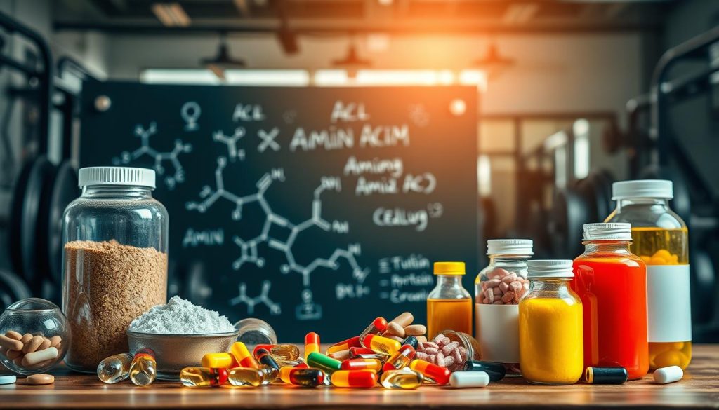 A visually striking still life composition featuring amino acids and protein supplements, central to the theme of lean muscle mass. In the foreground, diverse supplements like protein powders, transparent capsules, and vibrant amino acid bottles are artistically arranged. The middle ground includes scientific elements such as molecular structures and amino acid chains depicted on a chalkboard. The background features a softly blurred gym setting, with weights and exercise equipment to create an inspiring atmosphere. The lighting is bright and dynamic, highlighting the textures of the supplements and casting subtle shadows. The image conveys a sense of determination and health, meticulously crafted to inspire those pursuing fitness and muscle growth.