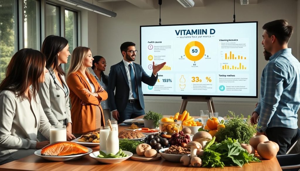 A warm and inviting scene showcasing a diverse group of professionals in a modern office setting, gathered around a table filled with healthy foods rich in vitamin D, such as salmon, fortified milk, and mushrooms. In the foreground, a health expert, dressed in smart casual attire, gestures towards a large infographic on a screen illustrating vitamin D sources and benefits for bone health and athletic performance. The middle ground features charts and diagrams emphasizing dosages and testing methods in a clear, organized manner. The background is softly lit with natural sunlight streaming through large windows, enhancing a positive and motivational atmosphere focused on health and wellness.