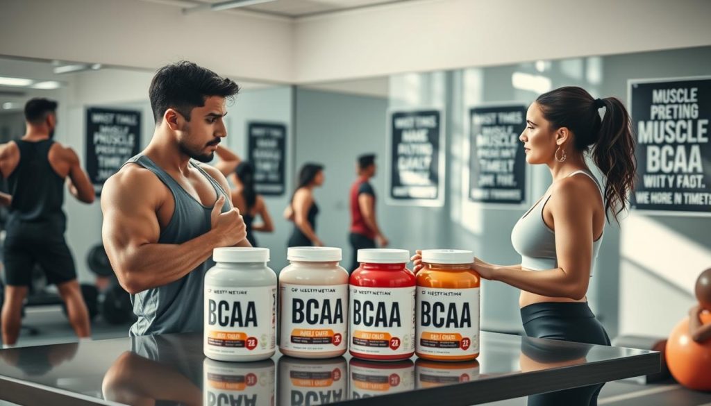 A well-lit fitness studio interior, showcasing a diverse group of athletes engaged in a dynamic workout session. Foreground: two determined individuals, one male and one female, both wearing professional athletic attire, energetically discussing BCAA supplements. Midground: a sleek table adorned with various BCAA containers, showcasing different flavors. Background: a large mirror reflecting the vibrant energy of the room, with motivational posters on the walls about muscle preservation and workout timing. Soft, natural lighting accentuates the athletes' focused expressions. The atmosphere conveys a sense of dedication and the importance of timing in supplement intake during workouts, capturing an essence of motivation and professional fitness culture.