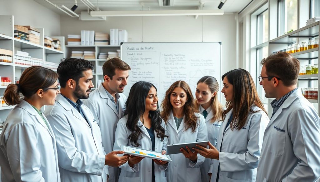 A well-lit modern research laboratory filled with professional scientists discussing their findings on Rhodiola rosea. In the foreground, a diverse group of researchers, dressed in crisp lab coats, are examining colorful graphs and charts on a digital tablet. In the middle ground, a whiteboard filled with handwritten notes and diagrams about stress response and performance enhancement. In the background, shelves lined with scientific journals and plant samples, with soft natural light filtering through large windows, creating an atmosphere of innovation and discovery. The scene conveys a sense of collaboration and intellectual rigor while highlighting the scientific exploration of herbal medicine.