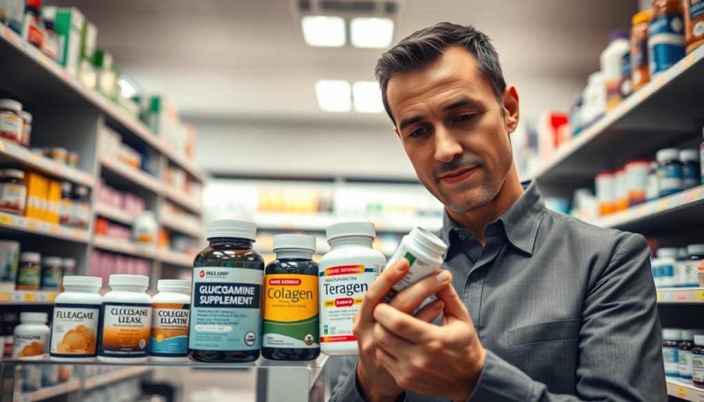 A well-lit pharmacy or health store interior showcasing a selection of tendon supplements such as collagen and glucosamine. In the foreground, a professional-looking person in modest business attire examines a bottle, displaying a focused yet approachable expression. In the middle, several neatly arranged supplement products with clear labels, emphasizing variety and quality. The background features shelves lined with health-related items and bright, inviting lighting, creating a warm atmosphere. The angle is slightly tilted, providing a dynamic perspective that conveys a sense of exploration and informed decision-making in the quest for the right tendon supplement. The overall mood is encouraging and enlightening, ideal for guiding readers in their choices.