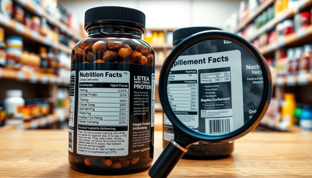 An analytical scene showcasing a close-up view of supplement product labels, with a focus on the intricate details of nutritional information regarding complex carbohydrates. In the foreground, place an open supplement bottle with a detailed label, illustrating percentages of carbohydrates, protein, and other nutrients. In the middle ground, include a magnifying glass hovering over another label, emphasizing texture and clarity of information. The background should feature soft-focus shelves lined with various supplement products, creating a market atmosphere. Use natural lighting to evoke a calm, educational mood, highlighting the importance of quality analysis. Capture the image from a slightly elevated angle for a comprehensive view, ensuring all elements are clearly visible, and devoid of any text or branding.
